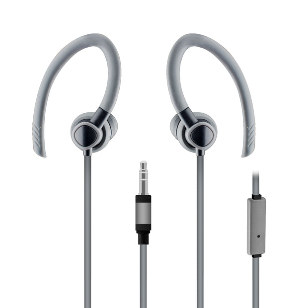 Flexible In-Ear Buds w/ In-Line Mic, Sports Ear Clip, 3.5mm, Gray