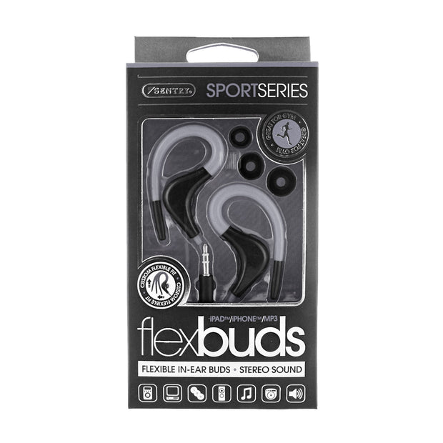 Flexible In-Ear Buds w/ In-Line Mic, Sports Ear Clip, 3.5mm, Gray