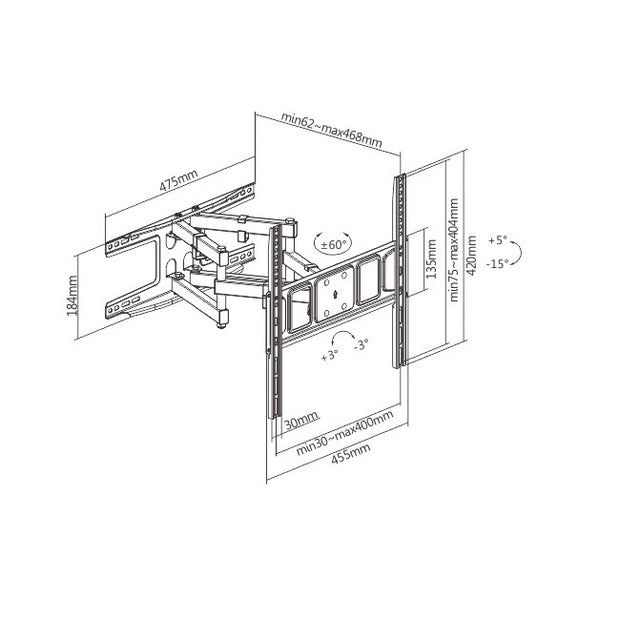 TV Mount for 32~70" w/ 18.4" Arm 62~468mm Full Motion, 400x400 VESA, LPA63-446