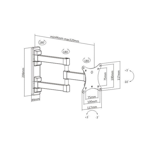TV Mount for 13~27" w/ 12.6" Arm 44~320mm Full Motion, 100x100 VESA , KLA26-113