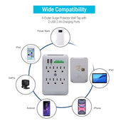 6-Outlet Surge Protector Wall Tap with Dual USB A Charging Ports - 2.4A Total, White