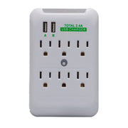 6-Outlet Surge Protector Wall Tap with Dual USB A Charging Ports - 2.4A Total, White