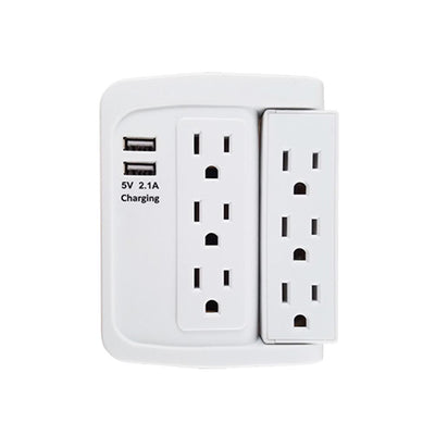 6-Outlet Swivel Wall Tap w/500J Surge Protection. 2 USB A Charging ports, 2.1A