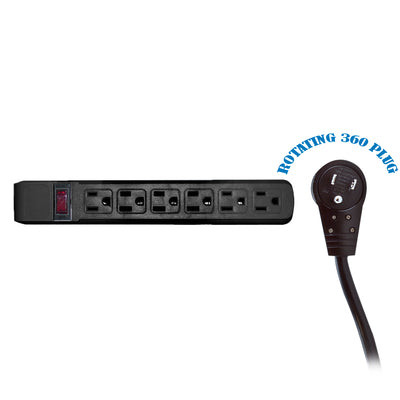 Surge Protector, Flat Rotating Plug, 6 Outlet, Black Horizontal Outlets, Plastic, Power Cord