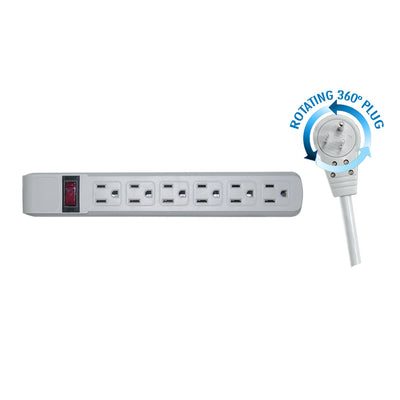 Surge Protector, Flat Rotating Plug, 6 Outlet, Gray Horizontal Outlets, Plastic, Power Cord