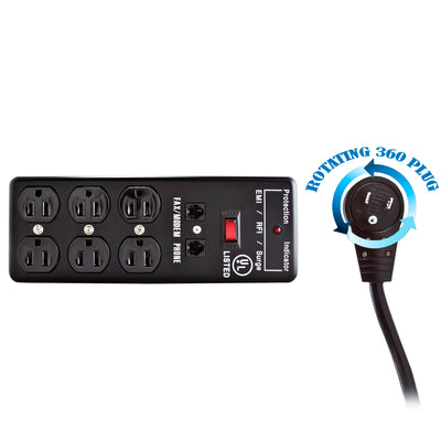 Surge Protector, Flat Rotating Plug, 6 Outlet, Black, Metal, Commercial Grade, 1 X3 MOV, EMI & RFI, Modem Protector, Power Cord 10 foot