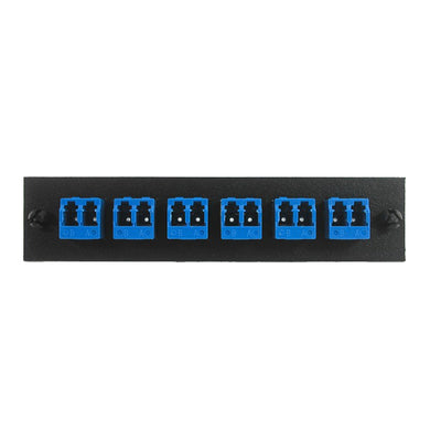 LGX Compatible Adapter Plate featuring a Bank of 6 Singlemode Duplex LC Connectors in Blue for OS1 and OS2 applications, Black Powder Coat