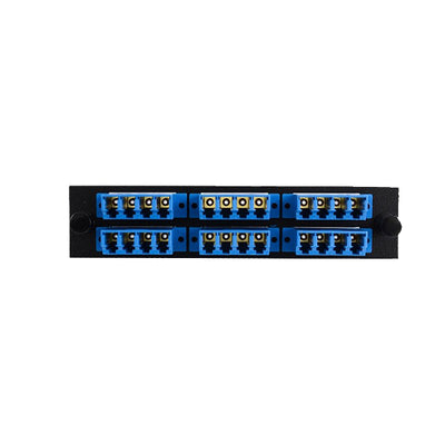 LGX Compatible Adapter Plate featuring a Bank of 6 Singlemode LC Quad Connectors in Blue for OS1 and OS2 applications, Black Powder Coat