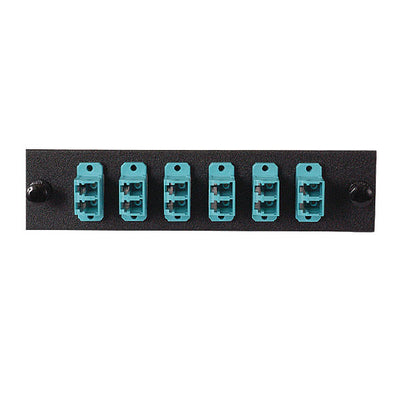 LGX Compatible Adapter Plate featuring a Bank of 6 Multimode Duplex LC Connectors in Aqua for OM3 and OM4 10Gbit applications, Black Powder Coat