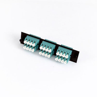 LGX Compatible Adapter Plate featuring a Bank of 6 Multimode Quad LC Connectors in Aqua for OM3 and OM4 10Gbit applications, Black Powder Coat
