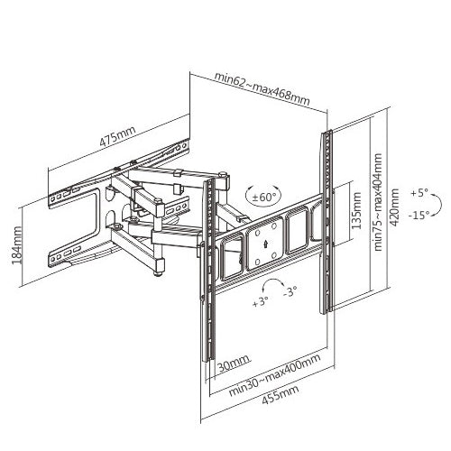 TV Mount for 32 to 70 Inch Television w/ 18.4 inch Full Motion Arm, 400x400 max VESA, Black