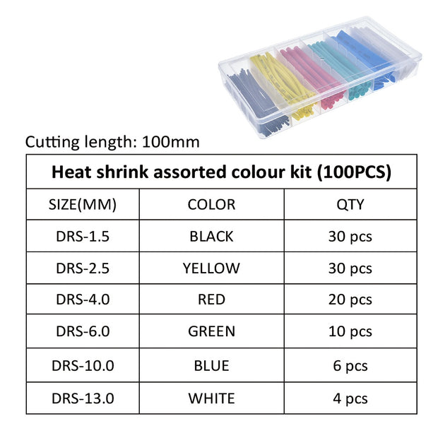 Heat Shrink Tube Kit.  2:1 Shrink Ratio.  Various Diameter and Colors.  100 Pieces