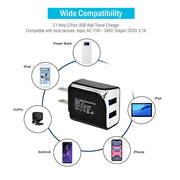 2 Port USB Wall Travel Charger, 2 USB A Charging Ports, 3.1 Amps total, Black