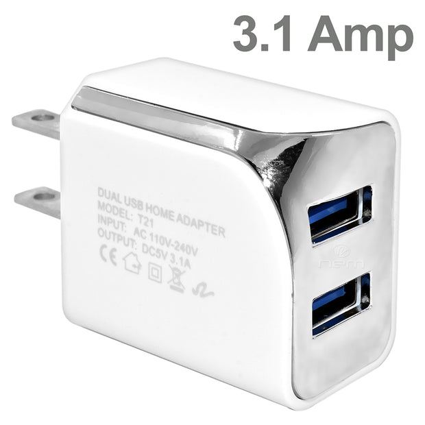 2 Port USB Wall Travel Charger, 2 USB A Charging Ports, 3.1 Amps total, Black