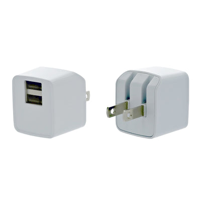 2 Port USB Wall Travel Charger, dual USB A female ports,  5V/2 1A output, Folding plug, White