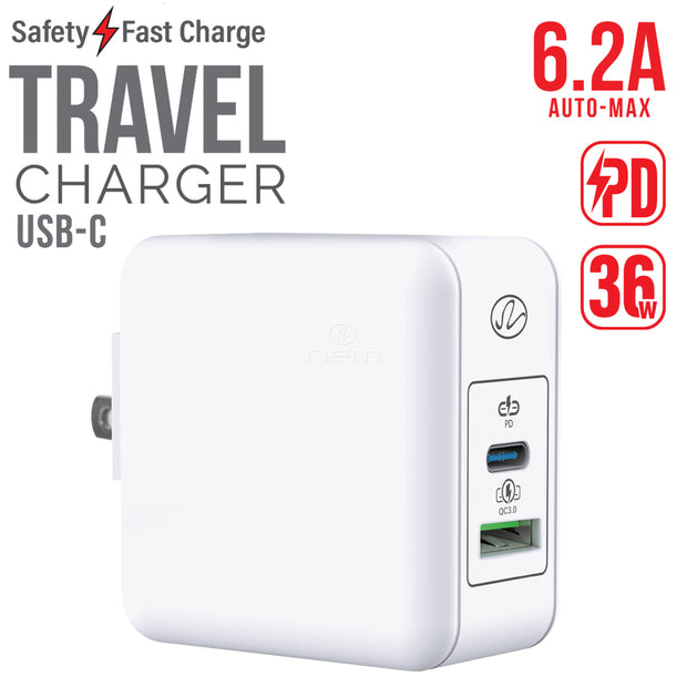 2 Port USB Wall Travel Charger, USB C w/ USB PD 3.1A, USB A /w QC3 3.1A, 36W, White