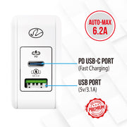 2 Port USB Wall Travel Charger, USB C w/ USB PD 3.1A, USB A /w QC3 3.1A, 36W, White