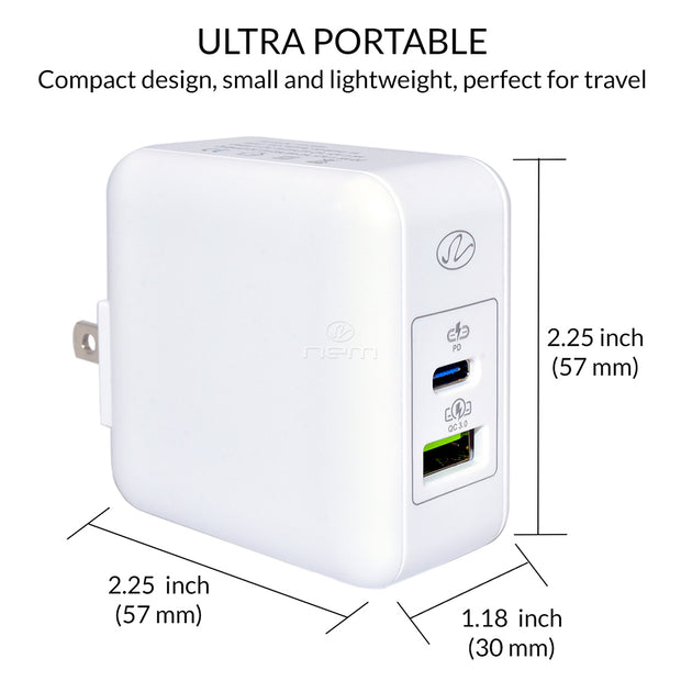 2 Port USB Wall Travel Charger, USB C w/ USB PD 3.1A, USB A /w QC3 3.1A, 36W, White