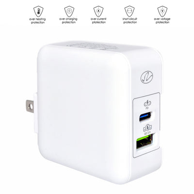 2 Port USB Wall Travel Charger, USB C w/ USB PD 3.1A, USB A /w QC3 3.1A, 36W, White