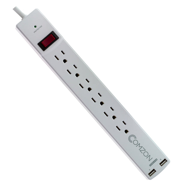 Comzon® Surge Protector w/2 USB ports(2.4 Amp), Flat Rotating Plug, 6 Outlet, White Horizontal Outlets, Plastic, Power Cord