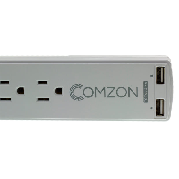 Comzon® Surge Protector w/2 USB ports(2.4 Amp), Flat Rotating Plug, 6 Outlet, White Horizontal Outlets, Plastic, Power Cord
