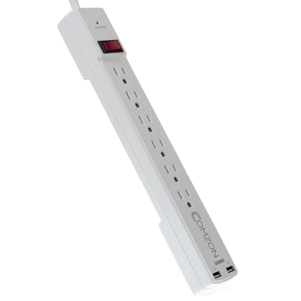 Comzon® Surge Protector w/2 USB ports(2.4 Amp), Flat Rotating Plug, 6 Outlet, White Horizontal Outlets, Plastic, Power Cord