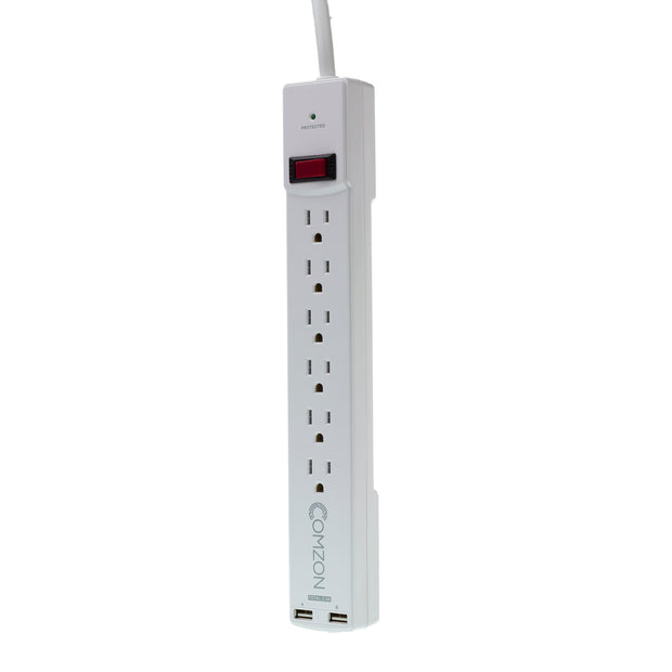 Comzon® Surge Protector w/2 USB ports(2.4 Amp), Flat Rotating Plug, 6 Outlet, White Horizontal Outlets, Plastic, Power Cord