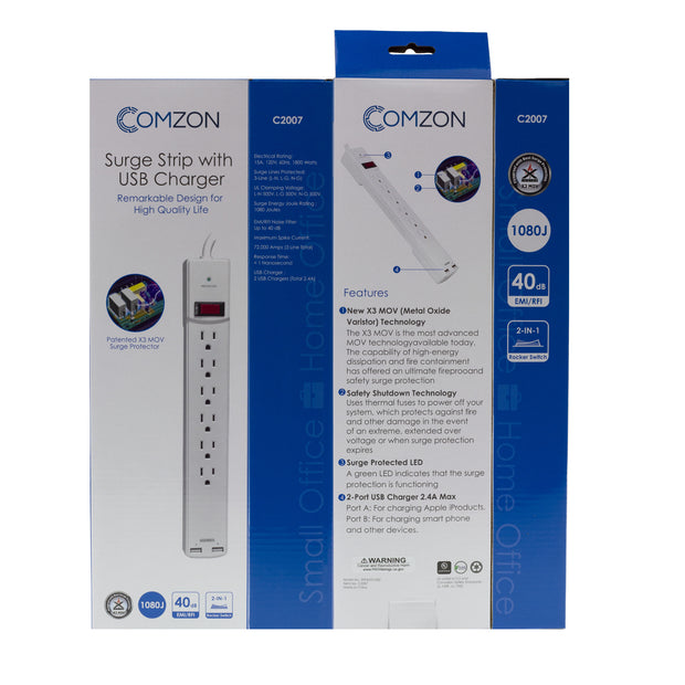 Comzon® Surge Protector w/2 USB ports(2.4 Amp), Flat Rotating Plug, 6 Outlet, White Horizontal Outlets, Plastic, Power Cord