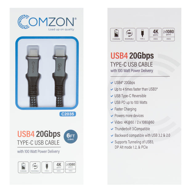 Comzon® USB 4 CableUSB4 20Gbps 100 watt Fast Charging Cable, USB Type C Male to Male, Braided Jacket, 6 foot