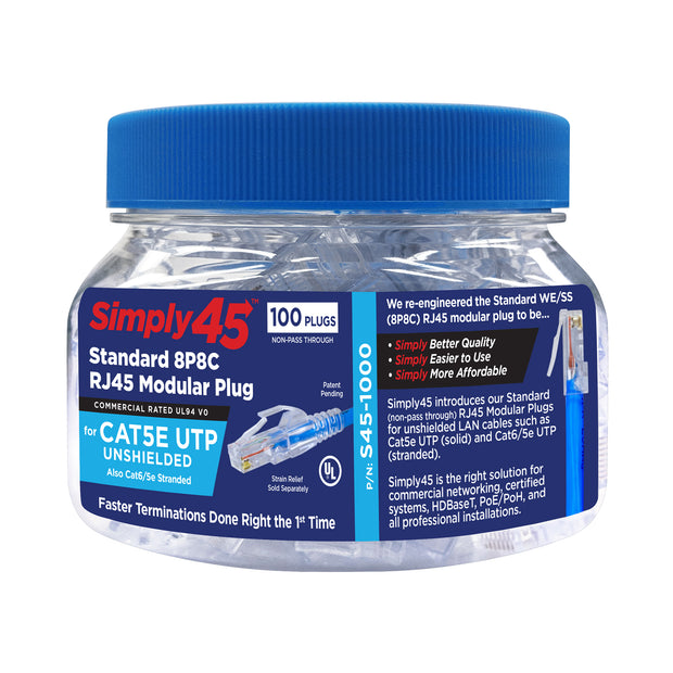 Simply45 Cat5e RJ45 Crimp Connectors, Solid 24AWG/Stranded 28-26AWG, Blue Tint, Jar 100 pieces