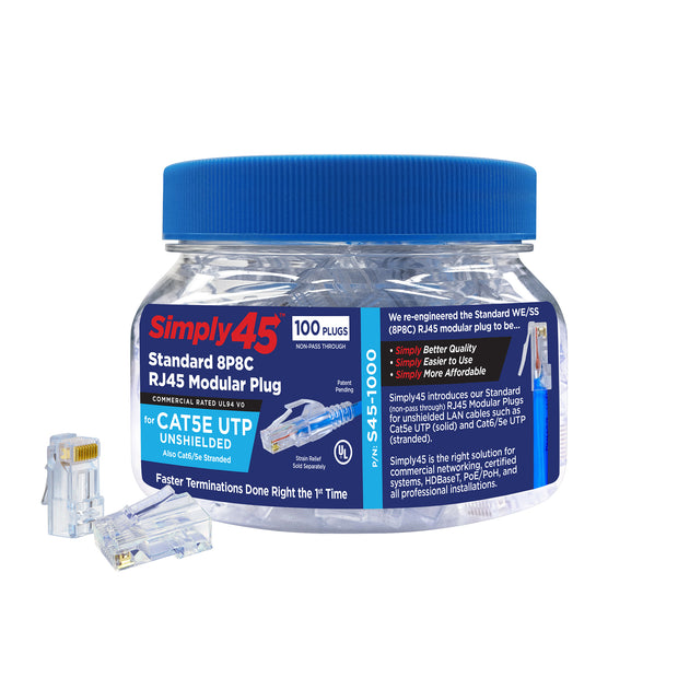 Simply45 Cat5e RJ45 Crimp Connectors, Solid 24AWG/Stranded 28-26AWG, Blue Tint, Jar 100 pieces