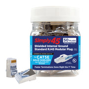Simply45 Shielded Cat5e RJ45 Crimp Connectors, internal ground, Solid 24AWG/Stranded 28-26AWG, Blue Tint, Jar 50 pieces