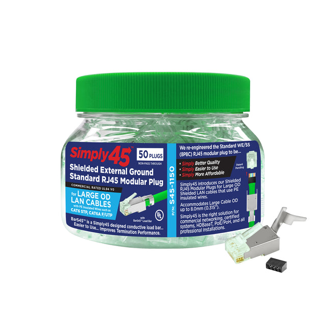 Simply45 Shielded Cat6 RJ45 Crimp Connectors, external ground, Solid/Stranded 23AWG, Green Tint, Hi/Lo Stagger, Bar45™, Jar 50 pieces