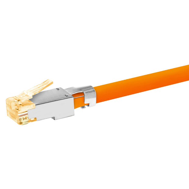 Simply45 Shielded Cat6a RJ45 Crimp Connectors, external ground, Solid/Stranded 23AWG, Orange Tint, Hi/Lo Stagger, Bar45™, Jar 50 pieces