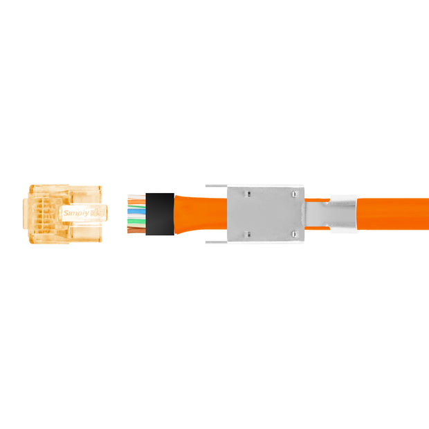 Simply45 Shielded Cat6a RJ45 Crimp Connectors, external ground, Solid/Stranded 23AWG, Orange Tint, Hi/Lo Stagger, Bar45™, Jar 50 pieces