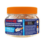 Simply45 Shielded Cat6a RJ45 Crimp Connectors, external ground, Solid/Stranded 23AWG, Orange Tint, Hi/Lo Stagger, Bar45™, Jar 50 pieces
