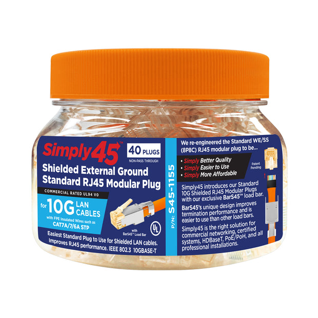 Simply45 Shielded Cat6a RJ45 Crimp Connectors, external ground, Solid/Stranded 23AWG, Orange Tint, Hi/Lo Stagger, Bar45™, Jar 50 pieces