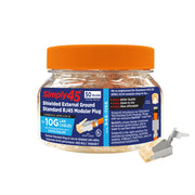 Simply45 Shielded Cat6a RJ45 Crimp Connectors, external ground, Solid/Stranded 23AWG, Orange Tint, Hi/Lo Stagger, Bar45™, Jar 50 pieces