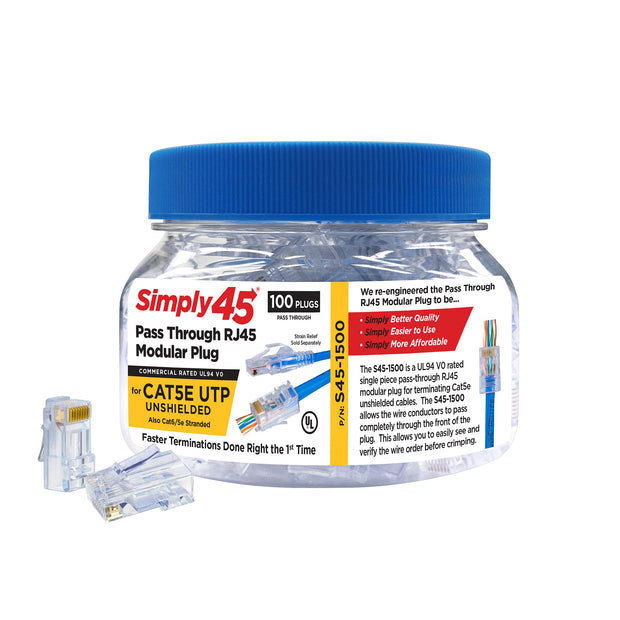 Simply45 Cat5e Pass Through RJ45 Crimp Connectors, Solid 24AWG/Stranded 28-26AWG, Blue Tint, Jar 100 pieces