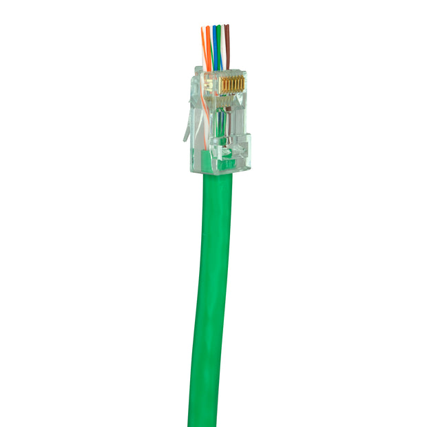 Simply45 Cat6 Pass Through RJ45 Crimp Connectors, Solid 23AWG/Stranded 26-24AWG, Green Tint, Clamshell 50 pieces
