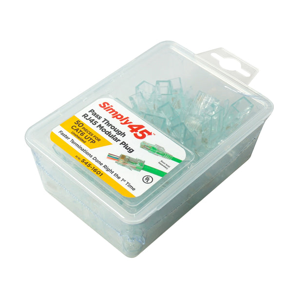 Simply45 Cat6 Pass Through RJ45 Crimp Connectors, Solid 23AWG/Stranded 26-24AWG, Green Tint, Clamshell 50 pieces