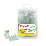 Simply45 Cat6 Pass Through RJ45 Crimp Connectors, Solid 23AWG/Stranded 26-24AWG, Green Tint, Clamshell 50 pieces