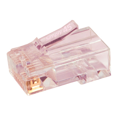 Simply45 Cat6a Pass Through RJ45 Crimp Connectors, Solid 23AWG, Red Tint, Hi/Lo Stagger, Clamshell 100 pieces