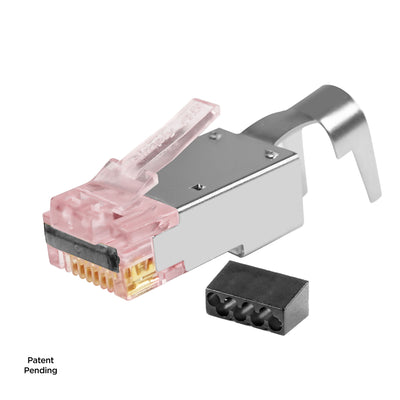 Simply45 ProSeries Shielded Cat6a Pass Through RJ45 Crimp Connectors, PE, Red Tint, Hi/Lo Stagger, Cap45™ & Bar45™, Jar 50 pieces