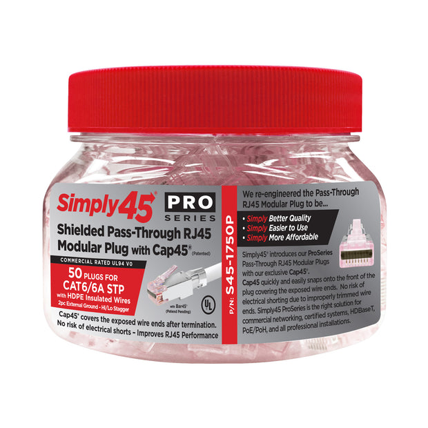 Simply45 ProSeries Shielded Cat6a Pass Through RJ45 Crimp Connectors, PE, Red Tint, Hi/Lo Stagger, Cap45™ & Bar45™, Jar 50 pieces