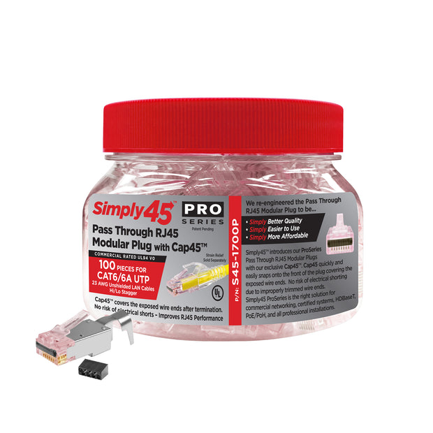 Simply45 ProSeries Shielded Cat6a Pass Through RJ45 Crimp Connectors, PE, Red Tint, Hi/Lo Stagger, Cap45™ & Bar45™, Jar 50 pieces