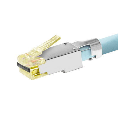 Simply45 ProSeries Shielded Cat6a Pass Through RJ45 Crimp Connectors, FPE, Yellow Tint, Hi/Lo Stagger, Cap45™ & Bar45™, Jar 50 pieces