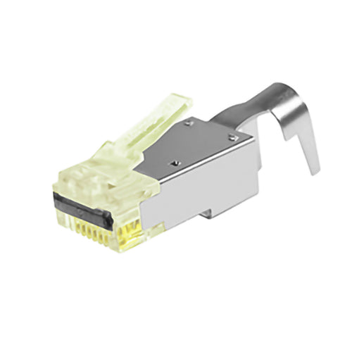 Simply45 ProSeries Shielded Cat6a Pass Through RJ45 Crimp Connectors, FPE, Yellow Tint, Hi/Lo Stagger, Cap45™ & Bar45™, Jar 50 pieces