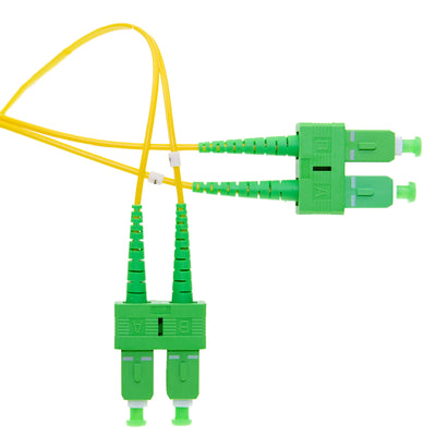 SC/APC Duplex Fiber Optic Patch Cable, OS2 9/125 Singlemode, Yellow Jacket, Green Connector