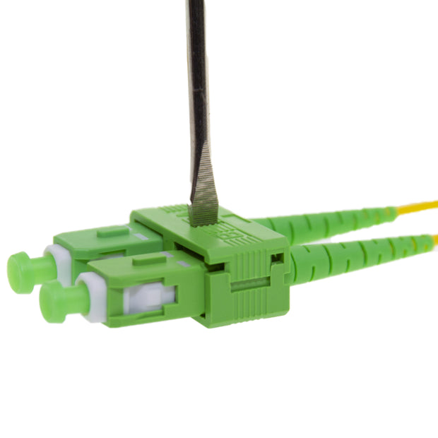 SC/APC Duplex Fiber Optic Patch Cable, OS2 9/125 Singlemode, Yellow Jacket, Green Connector